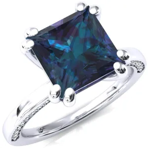 Ain Princess Alexandrite 4 Double Prong Single Rail Diamond Accent Engagement Ring