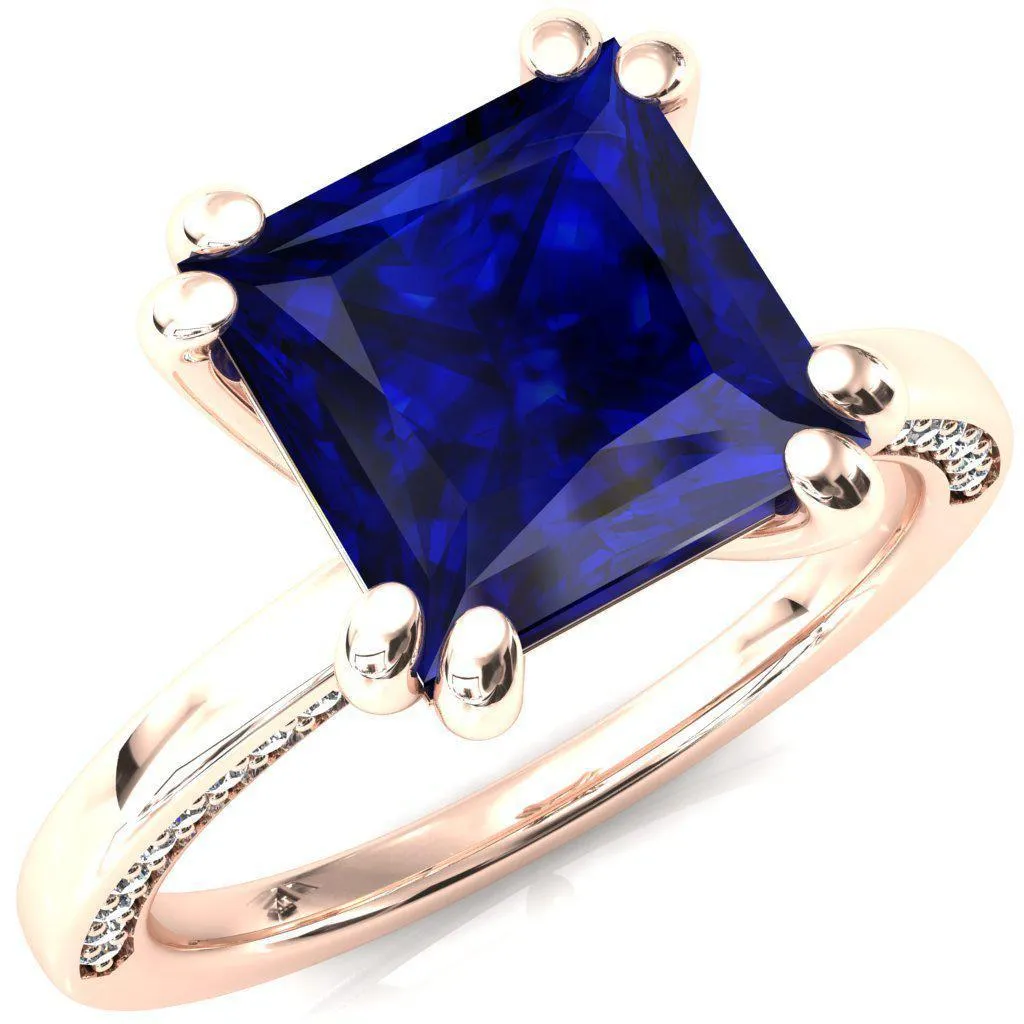 Ain Princess Blue Sapphire 4 Double Prong Single Rail Diamond Accent Engagement Ring