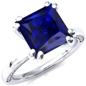 Ain Princess Blue Sapphire 4 Double Prong Single Rail Diamond Accent Engagement Ring