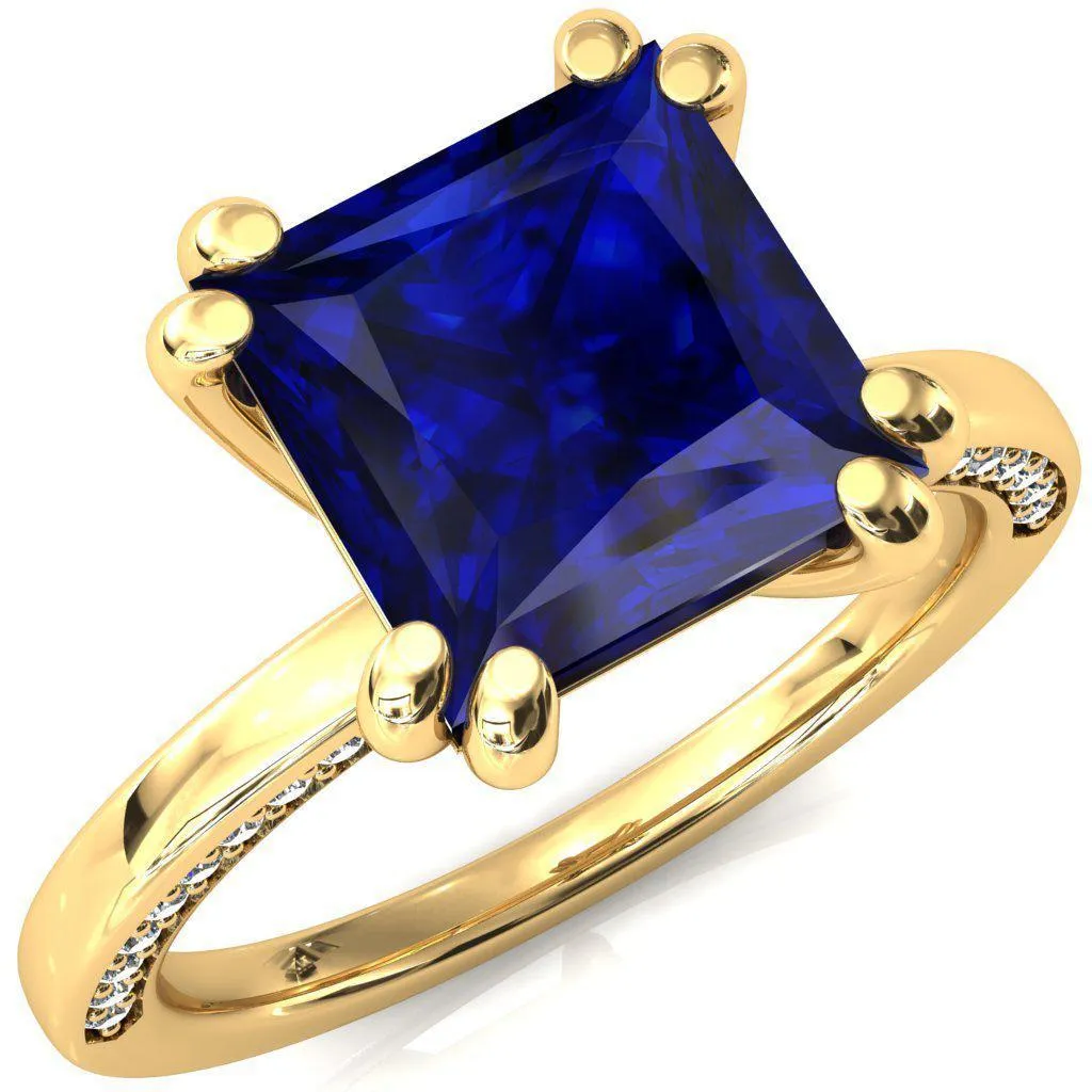 Ain Princess Blue Sapphire 4 Double Prong Single Rail Diamond Accent Engagement Ring