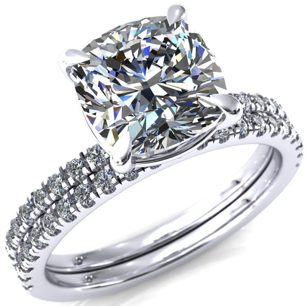 Alessandra Cushion Center Stone 4 Claw Prong Diamond Accent Engagement Ring