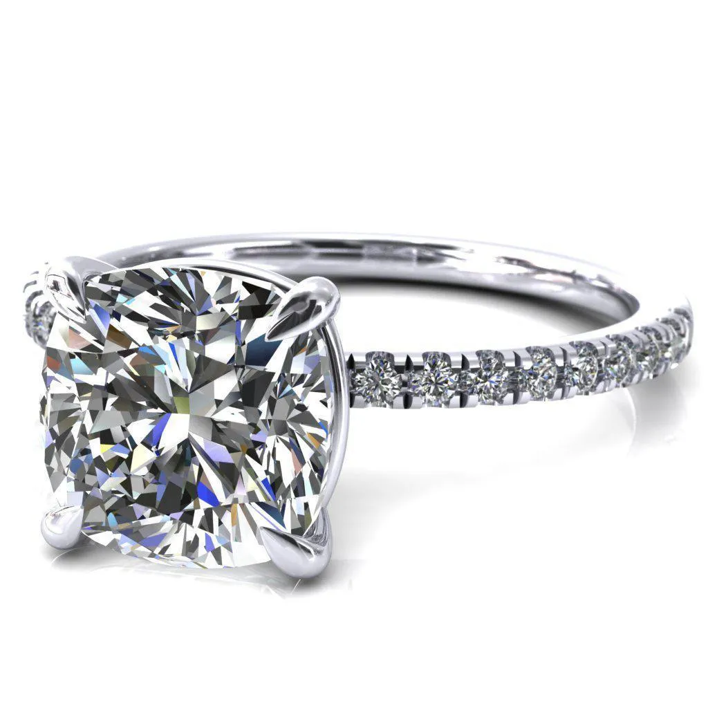 Alessandra Cushion Center Stone 4 Claw Prong Diamond Accent Engagement Ring
