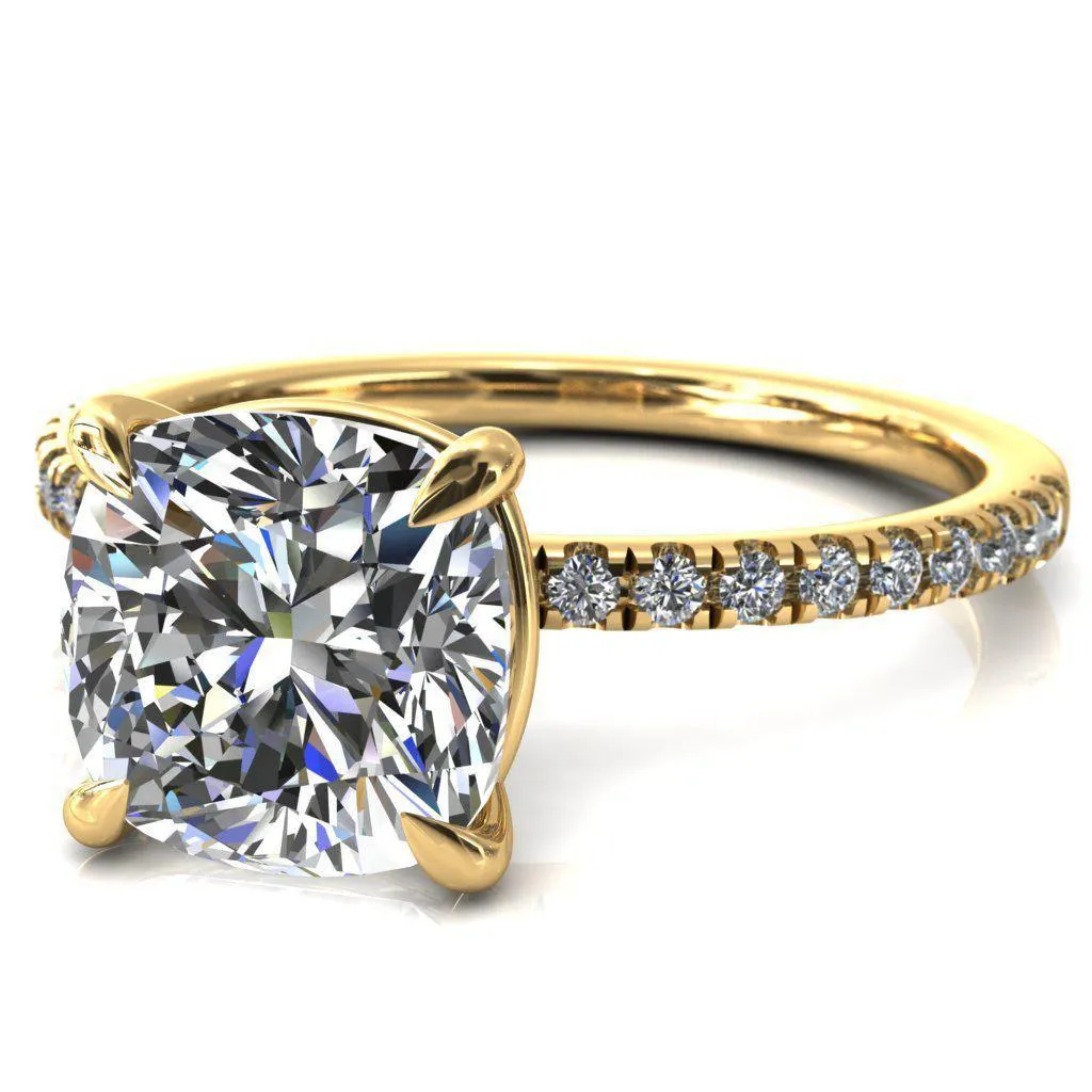 Alessandra Cushion Center Stone 4 Claw Prong Diamond Accent Engagement Ring