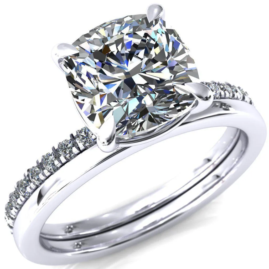 Alessandra Cushion Center Stone 4 Claw Prong Diamond Accent Engagement Ring