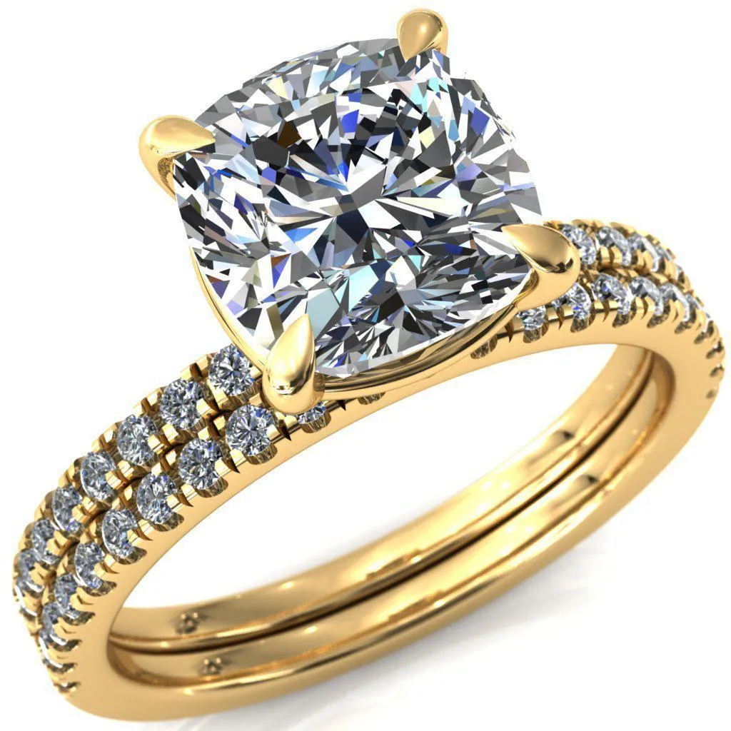 Alessandra Cushion Center Stone 4 Claw Prong Diamond Accent Engagement Ring