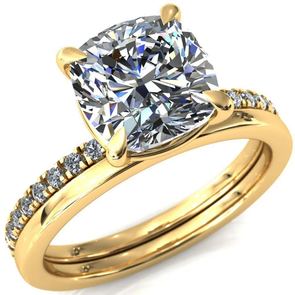 Alessandra Cushion Center Stone 4 Claw Prong Diamond Accent Engagement Ring