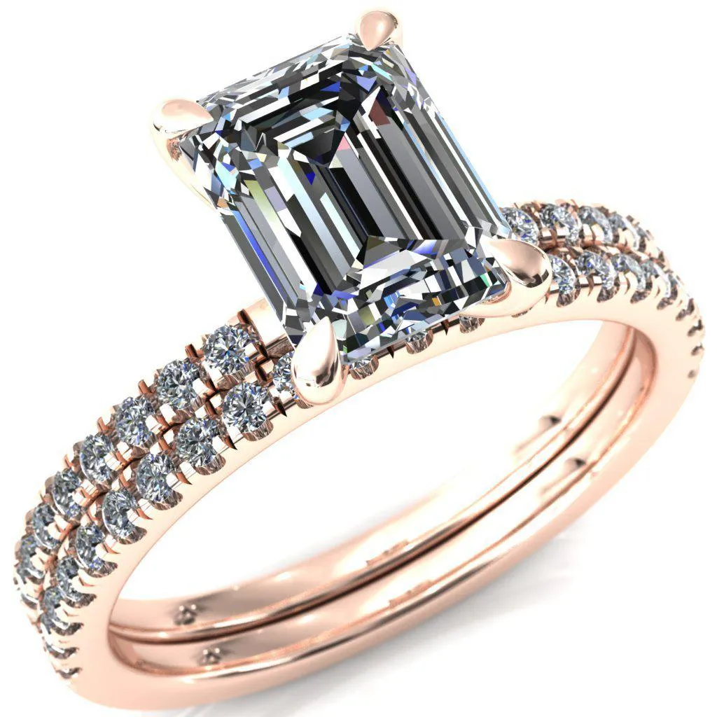 Alessandra Emerald Center Stone 4 Claw Prong Diamond Accent Engagement Ring