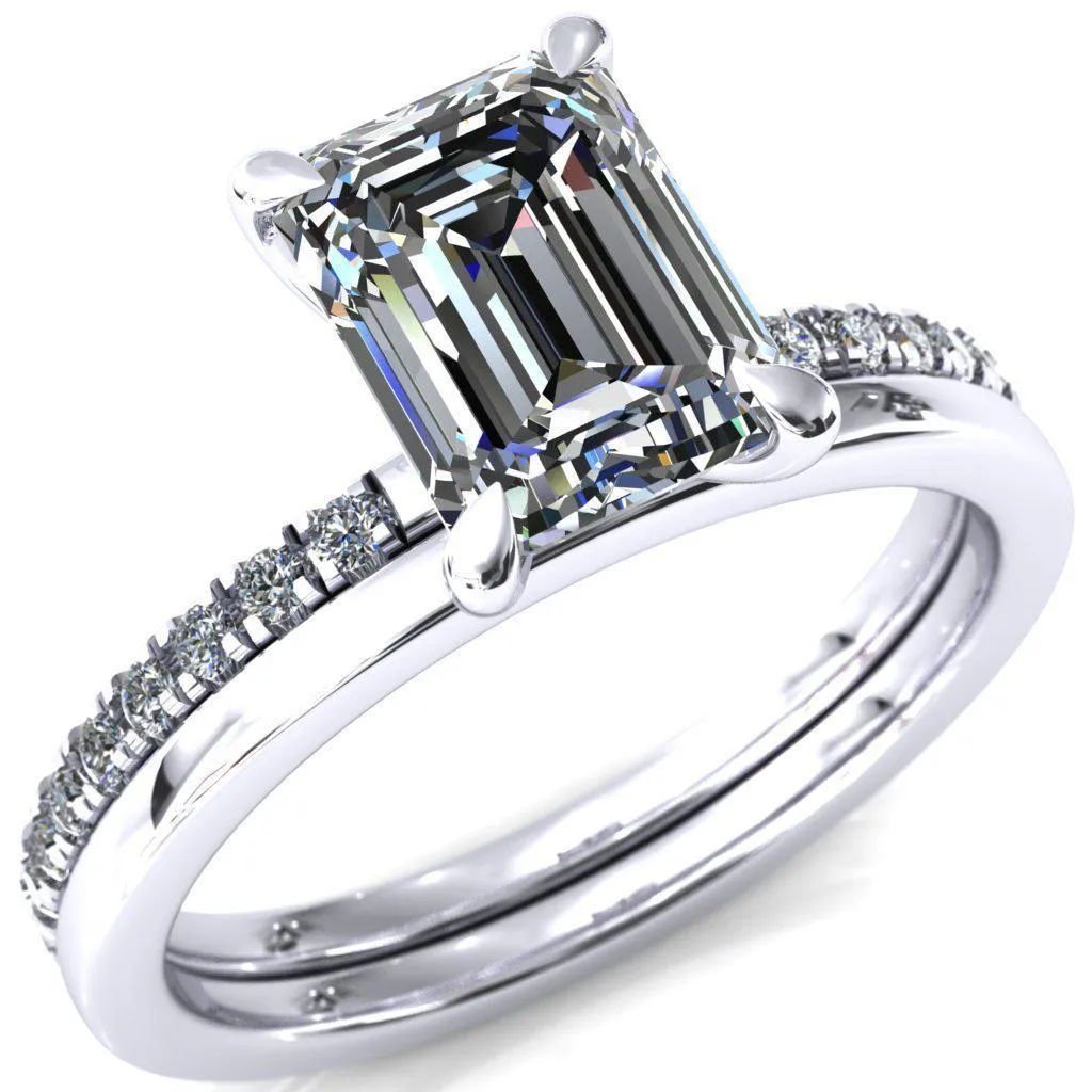 Alessandra Emerald Center Stone 4 Claw Prong Diamond Accent Engagement Ring
