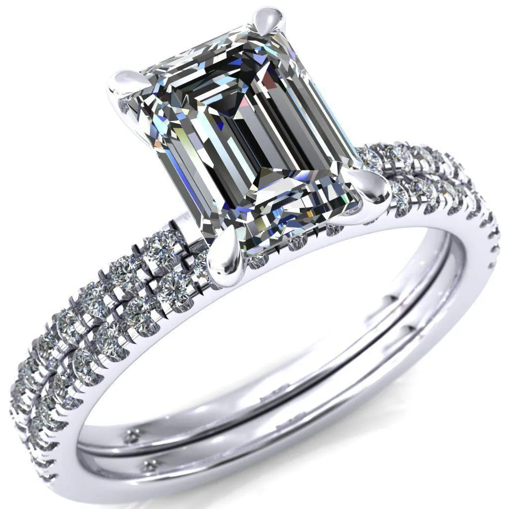 Alessandra Emerald Center Stone 4 Claw Prong Diamond Accent Engagement Ring
