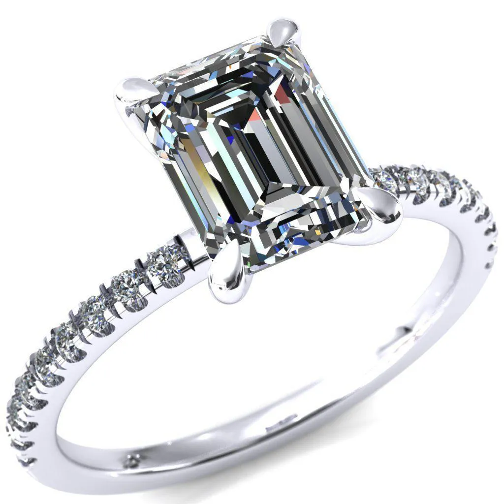 Alessandra Emerald Center Stone 4 Claw Prong Diamond Accent Engagement Ring