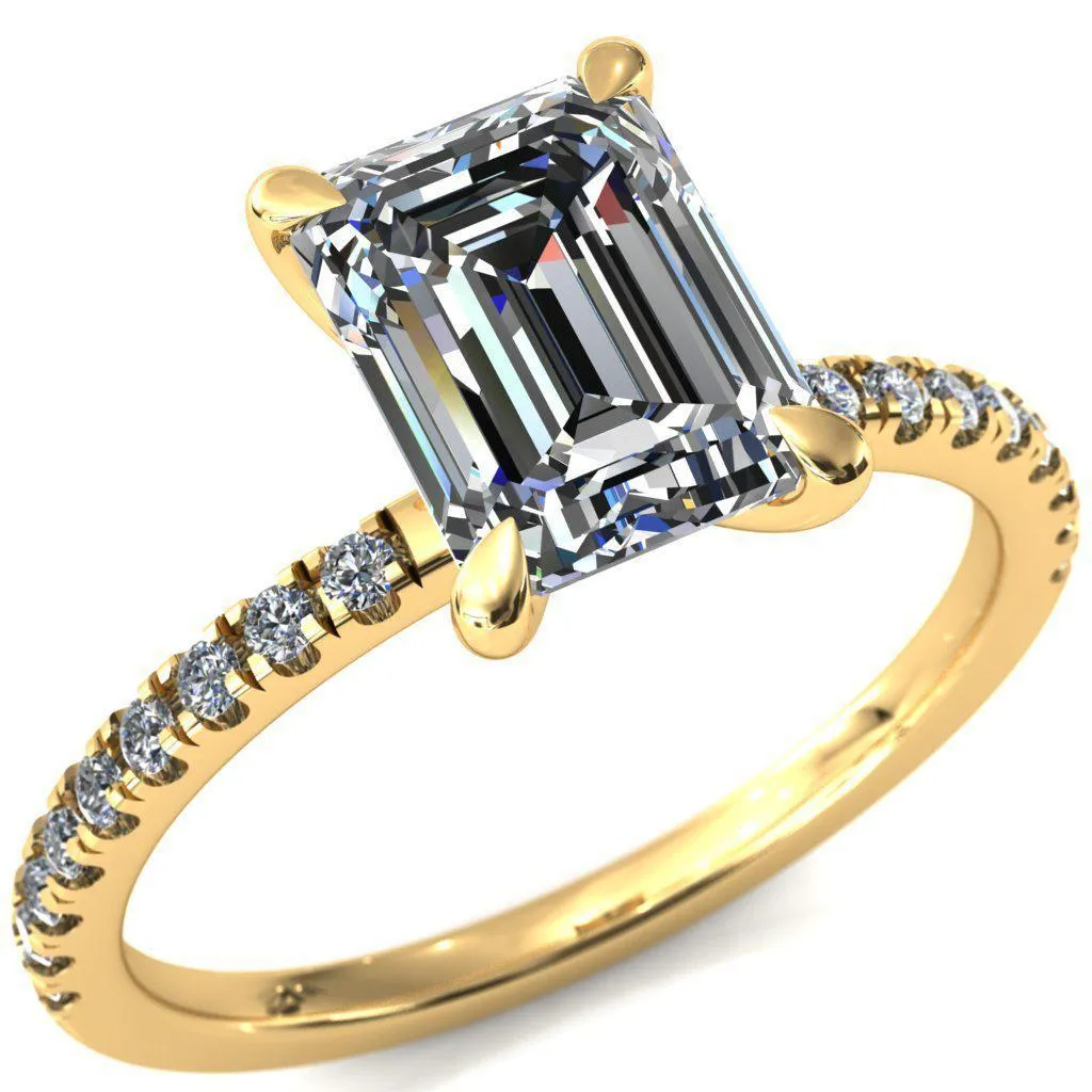Alessandra Emerald Center Stone 4 Claw Prong Diamond Accent Engagement Ring