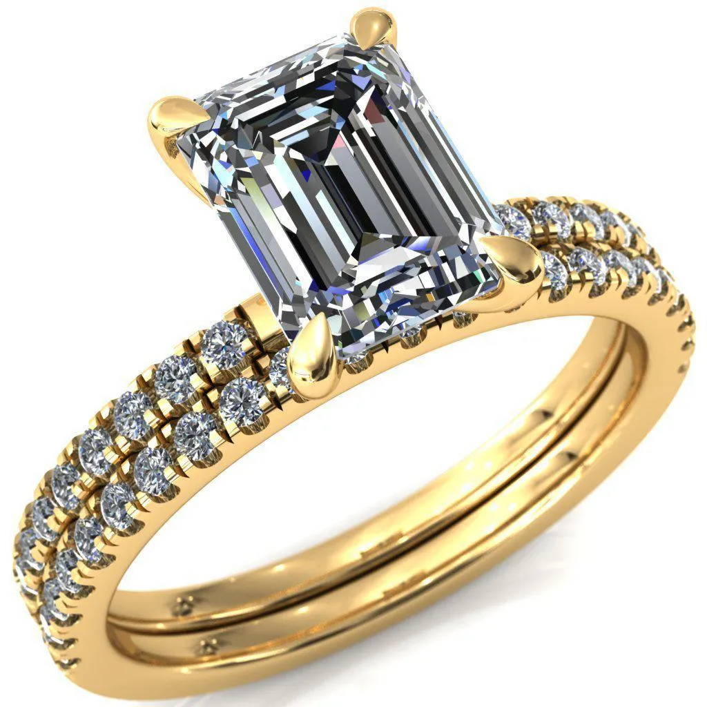 Alessandra Emerald Center Stone 4 Claw Prong Diamond Accent Engagement Ring