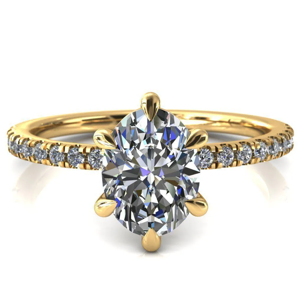 Alessandra Oval Center Stone 6 Claw Prong Diamond Accent Engagement Ring