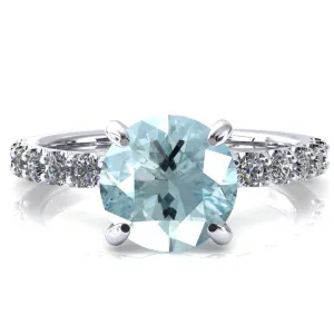 Alessi Round Aqua Blue Spinel 4 Claw Prong 3/4 Micro Pave Engagement Ring