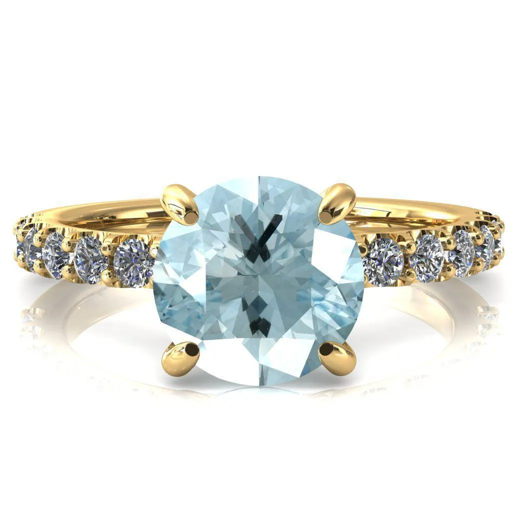 Alessi Round Aqua Blue Spinel 4 Claw Prong 3/4 Micro Pave Engagement Ring