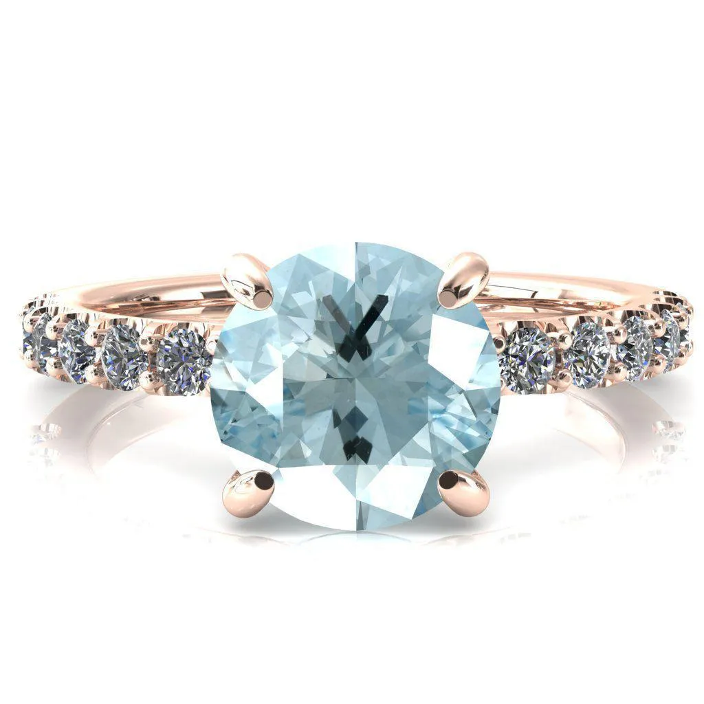 Alessi Round Aqua Blue Spinel 4 Claw Prong 3/4 Micro Pave Engagement Ring