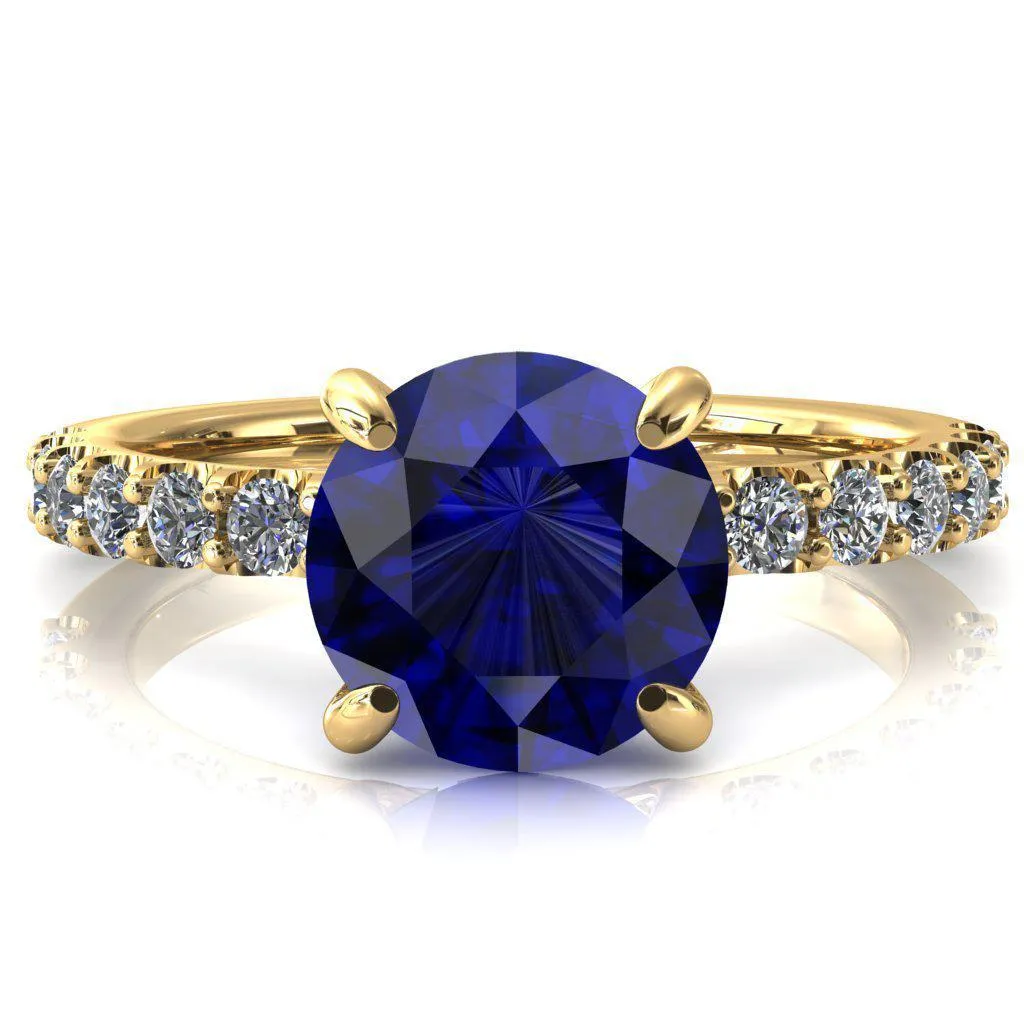 Alessi Round Blue Sapphire 4 Claw Prong 3/4 Micro Pave Engagement Ring
