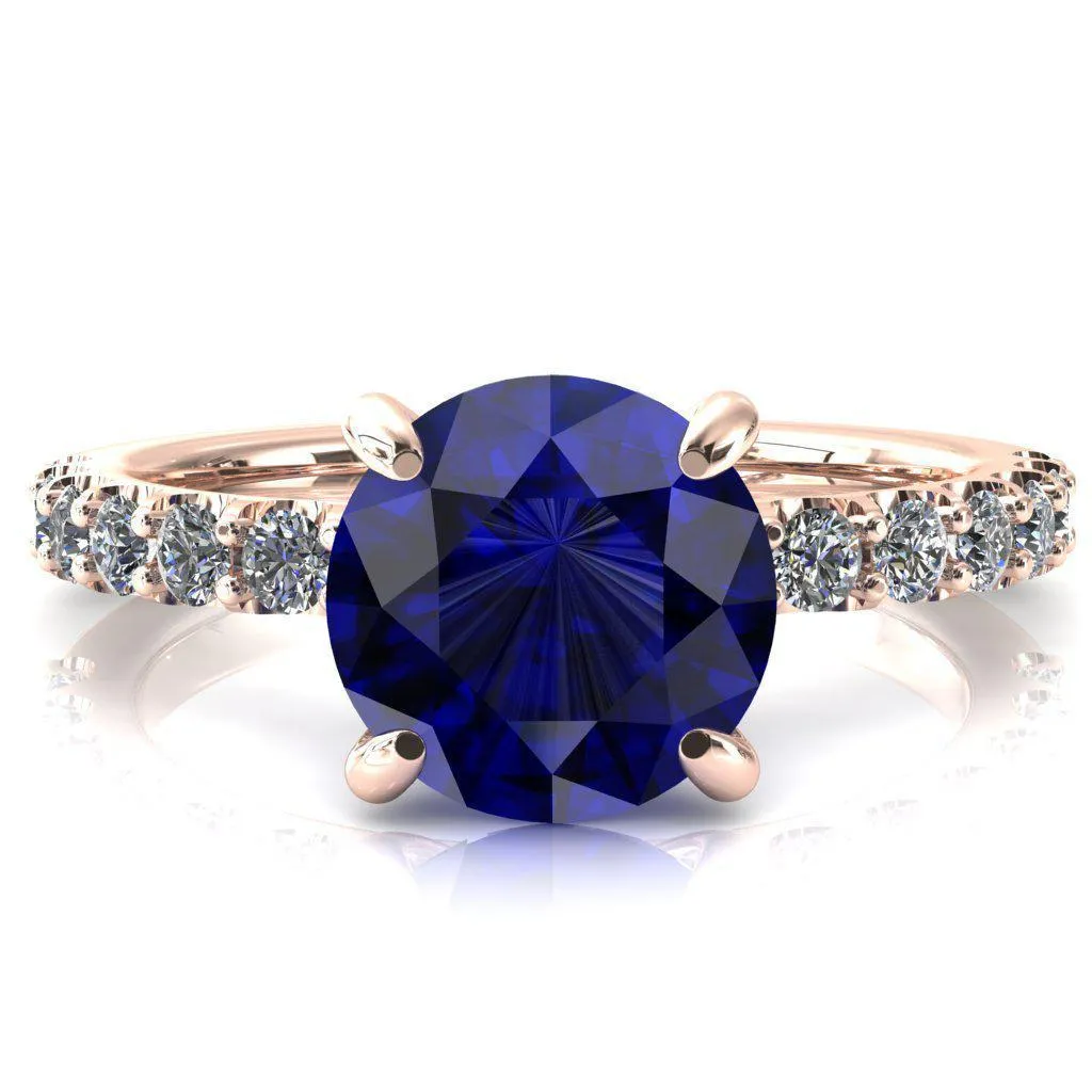 Alessi Round Blue Sapphire 4 Claw Prong 3/4 Micro Pave Engagement Ring