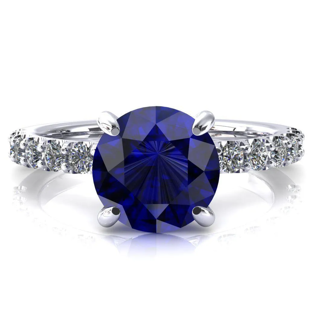 Alessi Round Blue Sapphire 4 Claw Prong 3/4 Micro Pave Engagement Ring