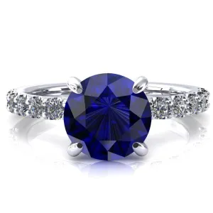 Alessi Round Blue Sapphire 4 Claw Prong 3/4 Micro Pave Engagement Ring