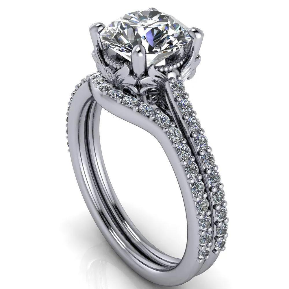 Amos Round Center Stone Filigree Basket Design and Diamond Cathedral Setting Ring