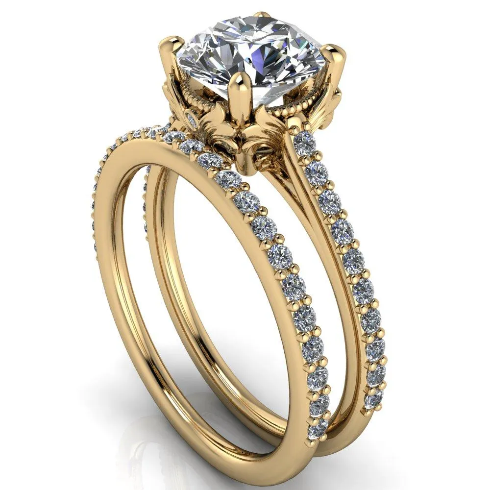 Amos Round Center Stone Filigree Basket Design and Diamond Cathedral Setting Ring