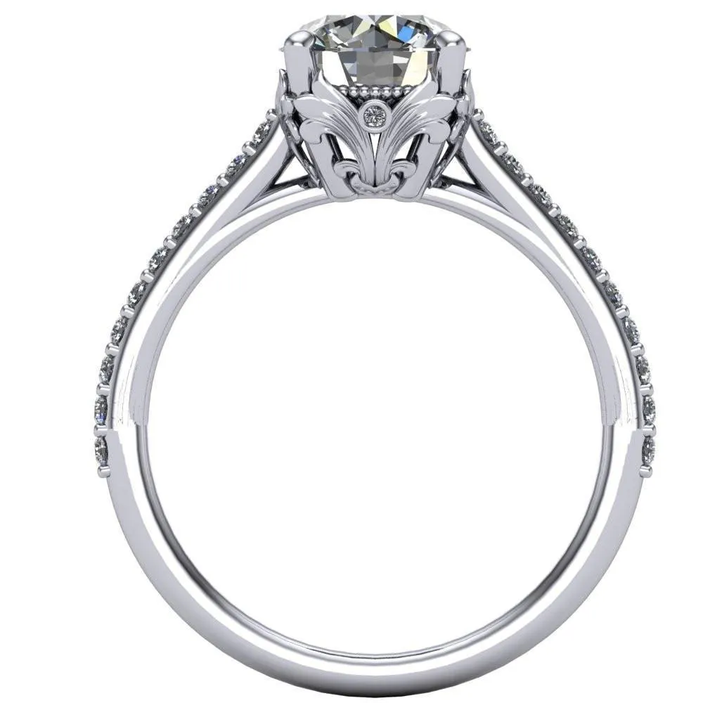 Amos Round Center Stone Filigree Basket Design and Diamond Cathedral Setting Ring