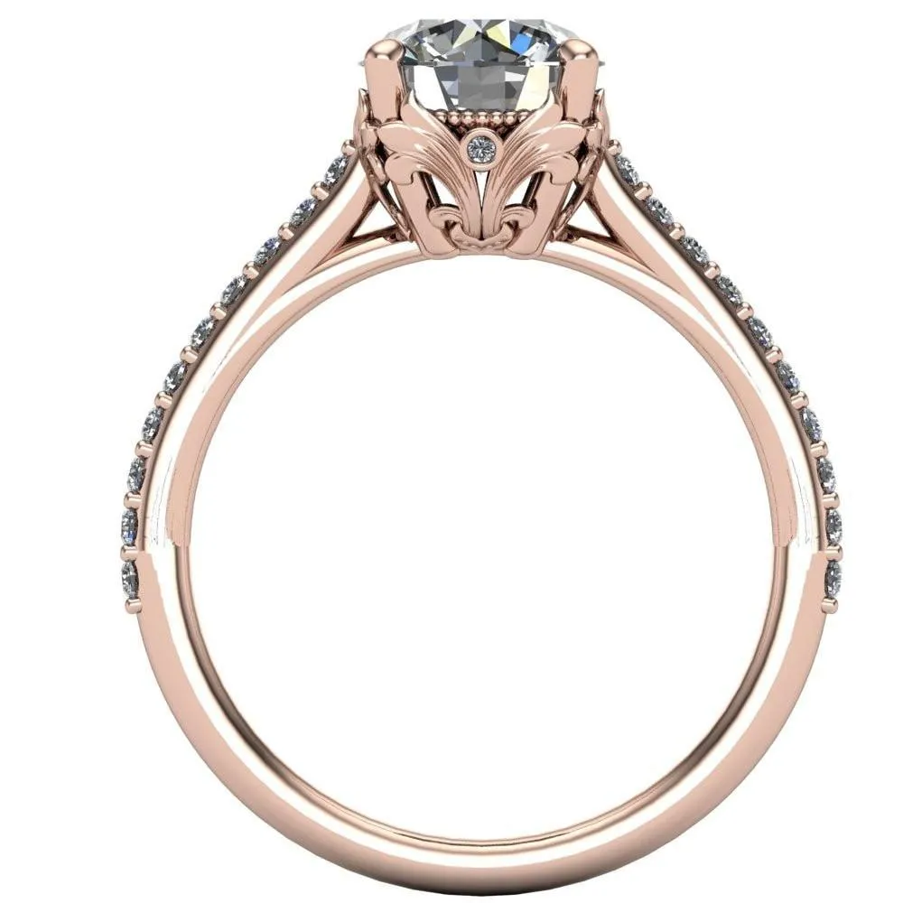 Amos Round Center Stone Filigree Basket Design and Diamond Cathedral Setting Ring