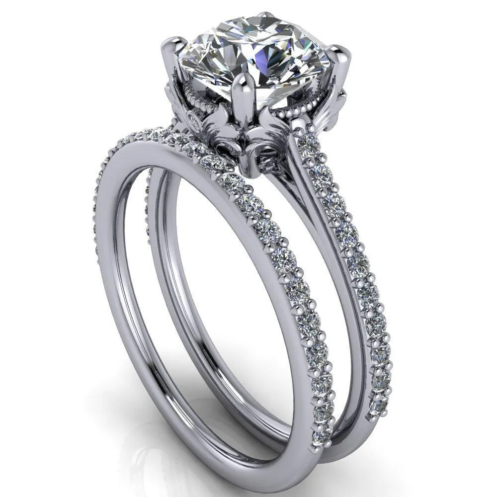 Amos Round Center Stone Filigree Basket Design and Diamond Cathedral Setting Ring