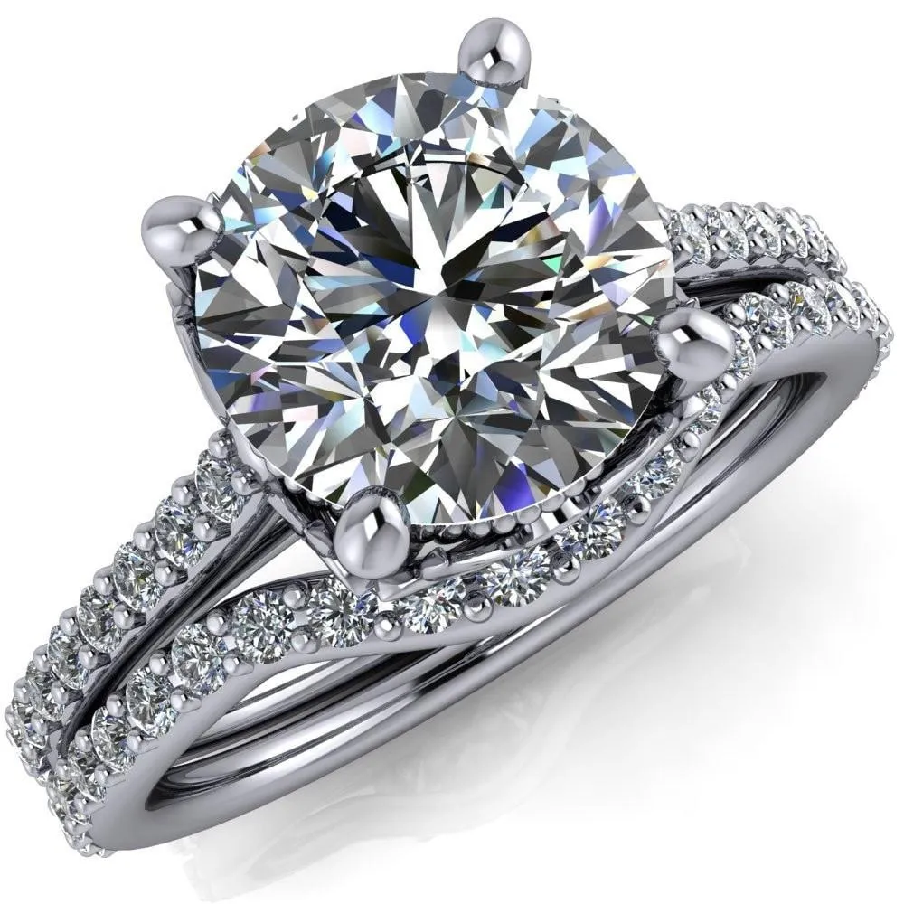 Amos Round Center Stone Filigree Basket Design and Diamond Cathedral Setting Ring