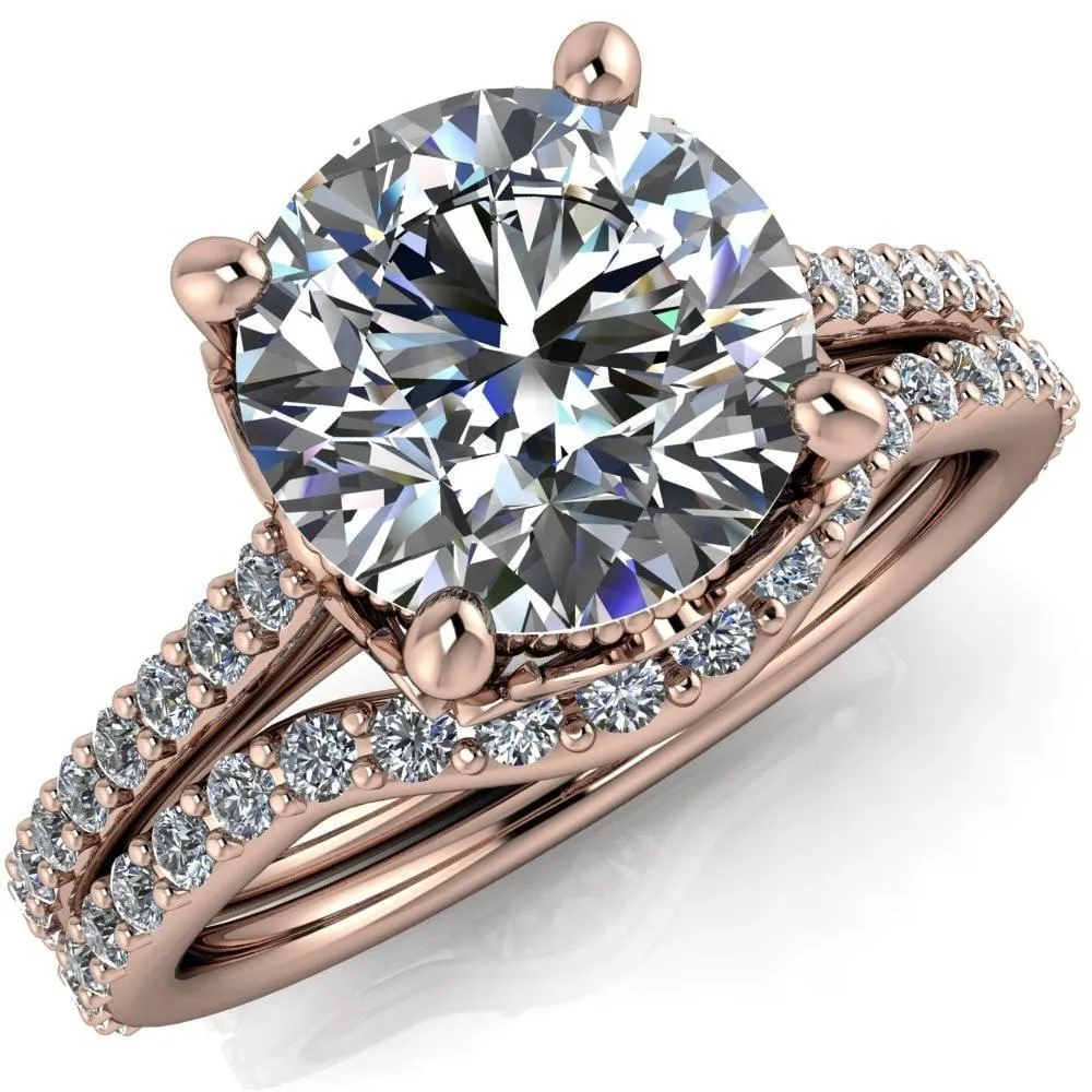 Amos Round Center Stone Filigree Basket Design and Diamond Cathedral Setting Ring