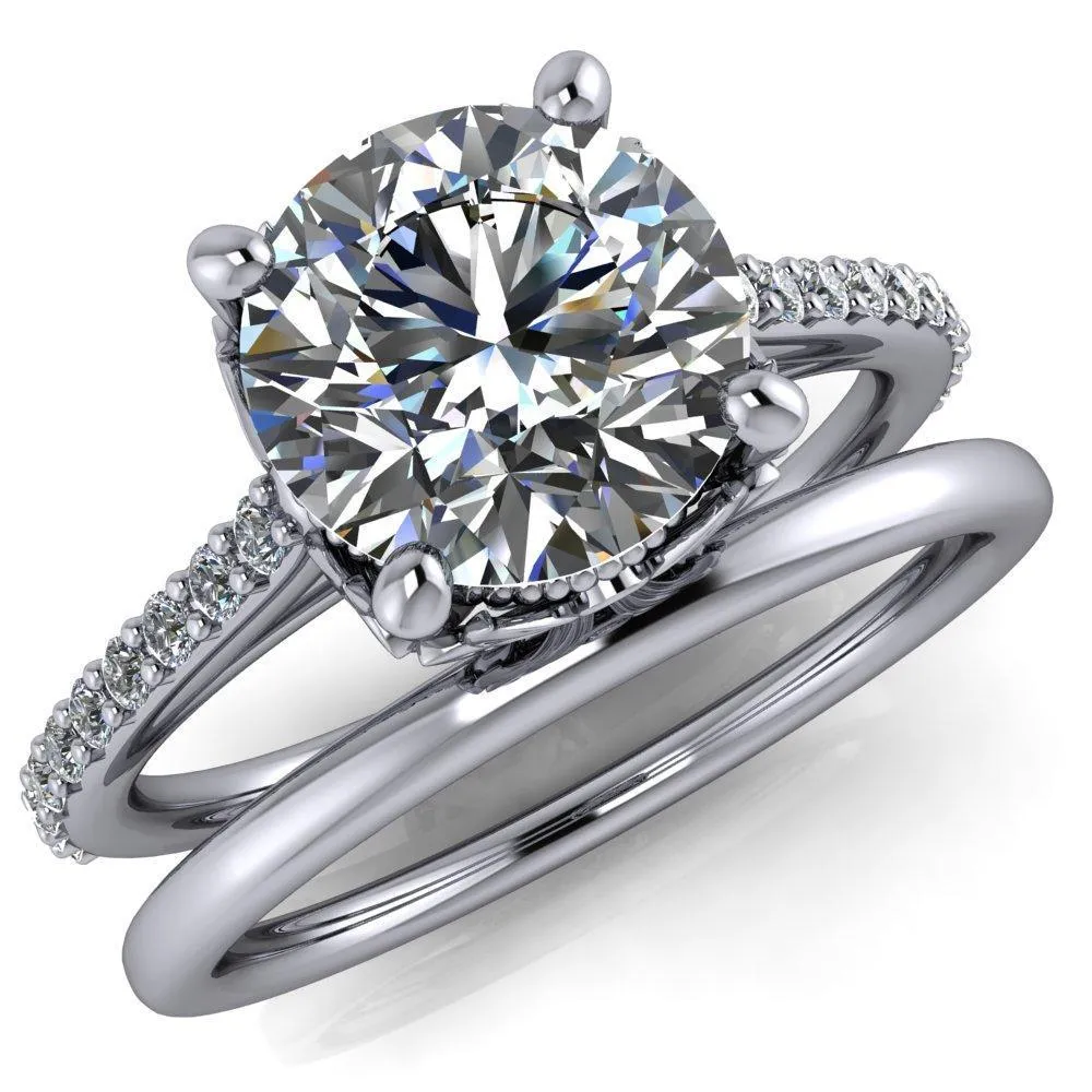Amos Round Center Stone Filigree Basket Design and Diamond Cathedral Setting Ring