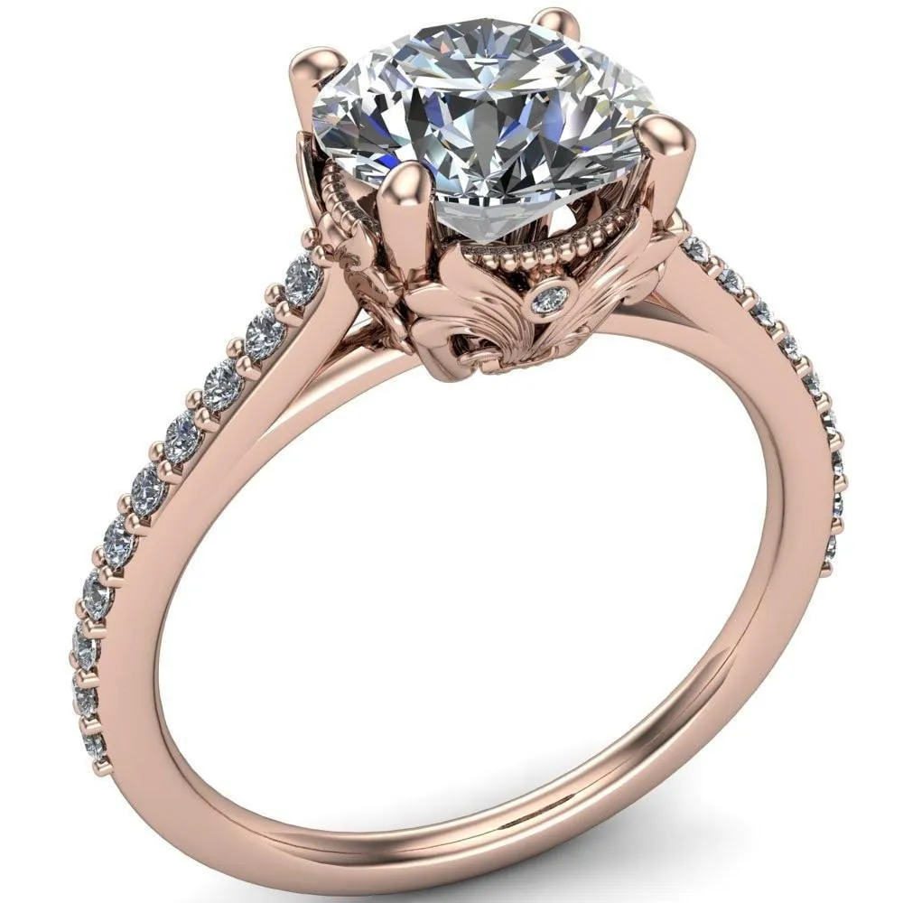 Amos Round Center Stone Filigree Basket Design and Diamond Cathedral Setting Ring