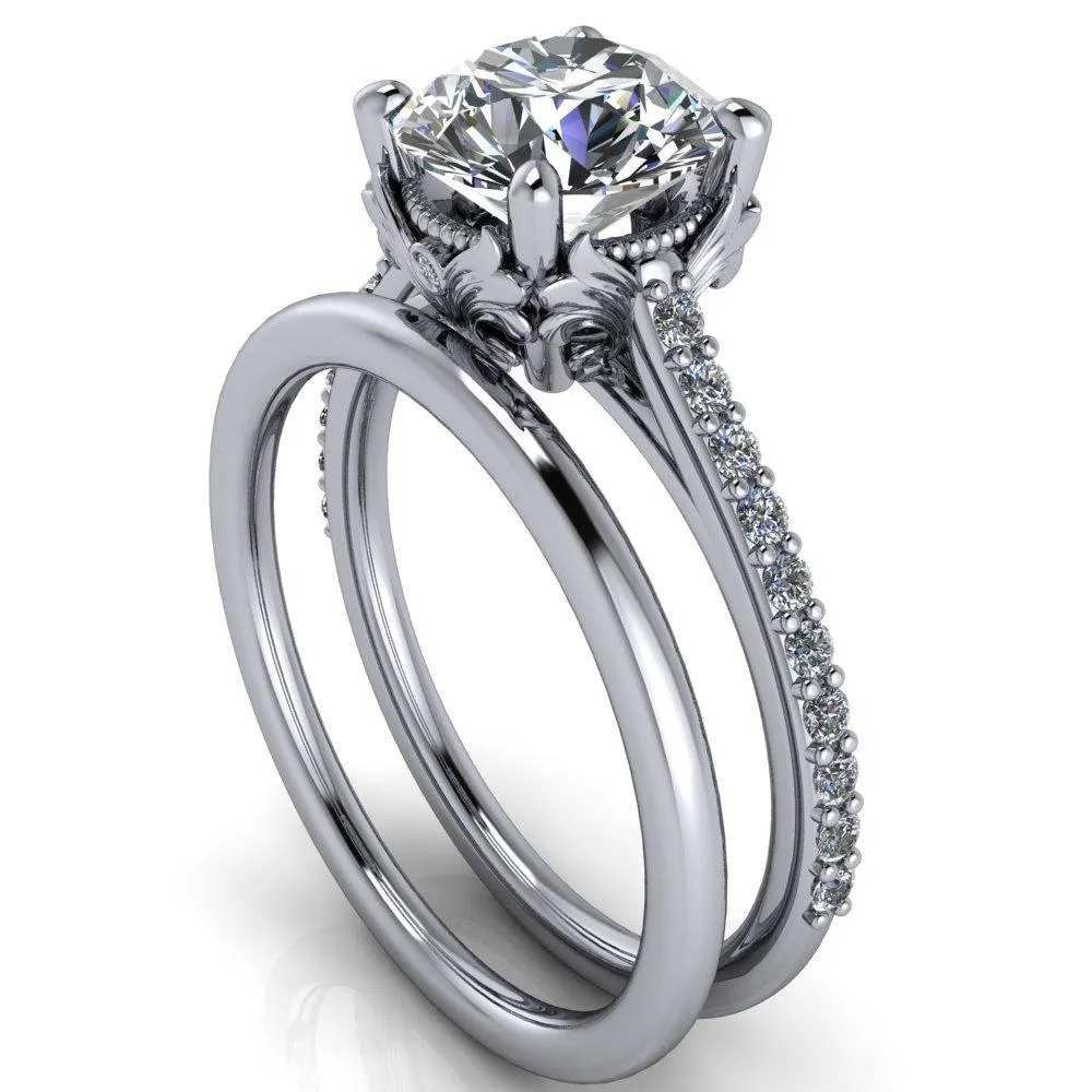 Amos Round Center Stone Filigree Basket Design and Diamond Cathedral Setting Ring