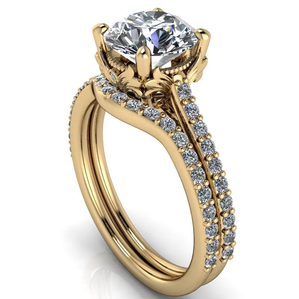 Amos Round Center Stone Filigree Basket Design and Diamond Cathedral Setting Ring