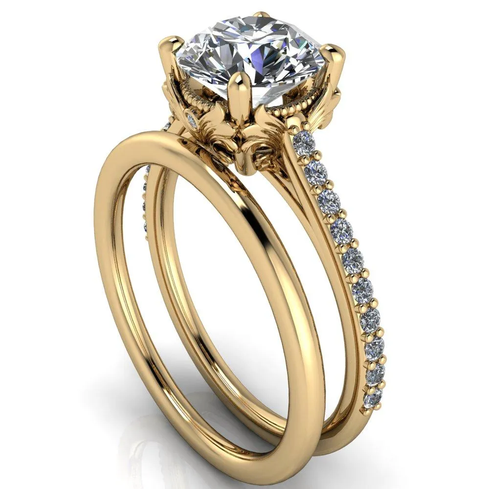 Amos Round Center Stone Filigree Basket Design and Diamond Cathedral Setting Ring