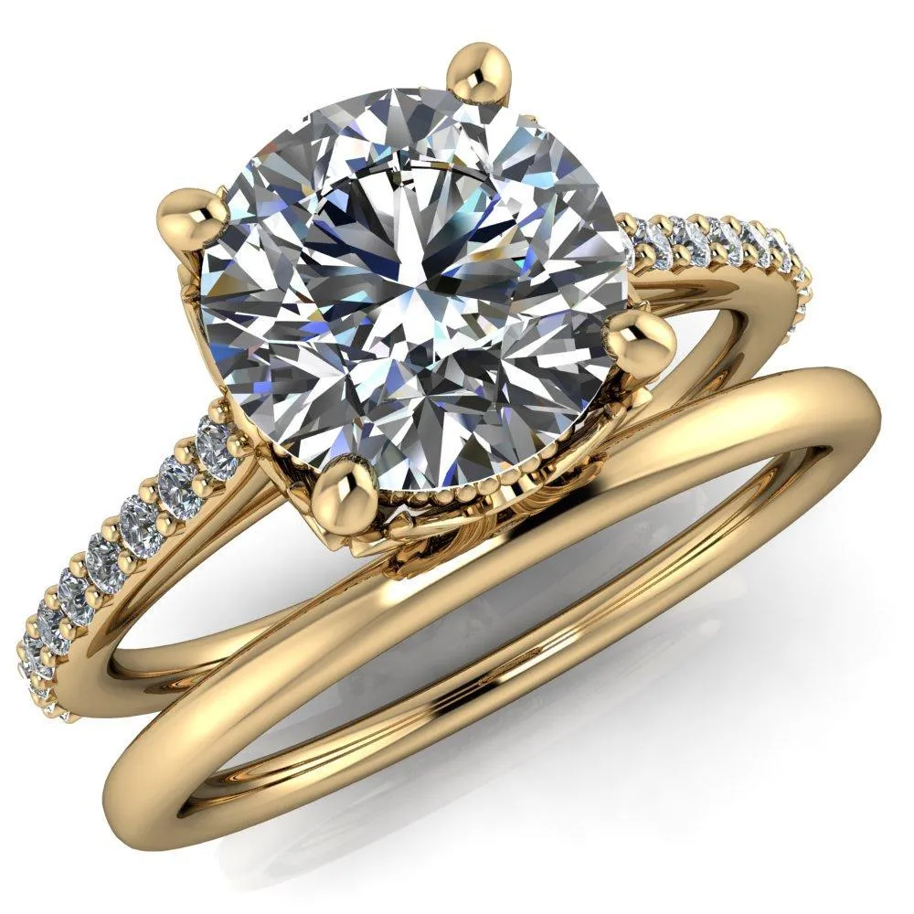 Amos Round Center Stone Filigree Basket Design and Diamond Cathedral Setting Ring