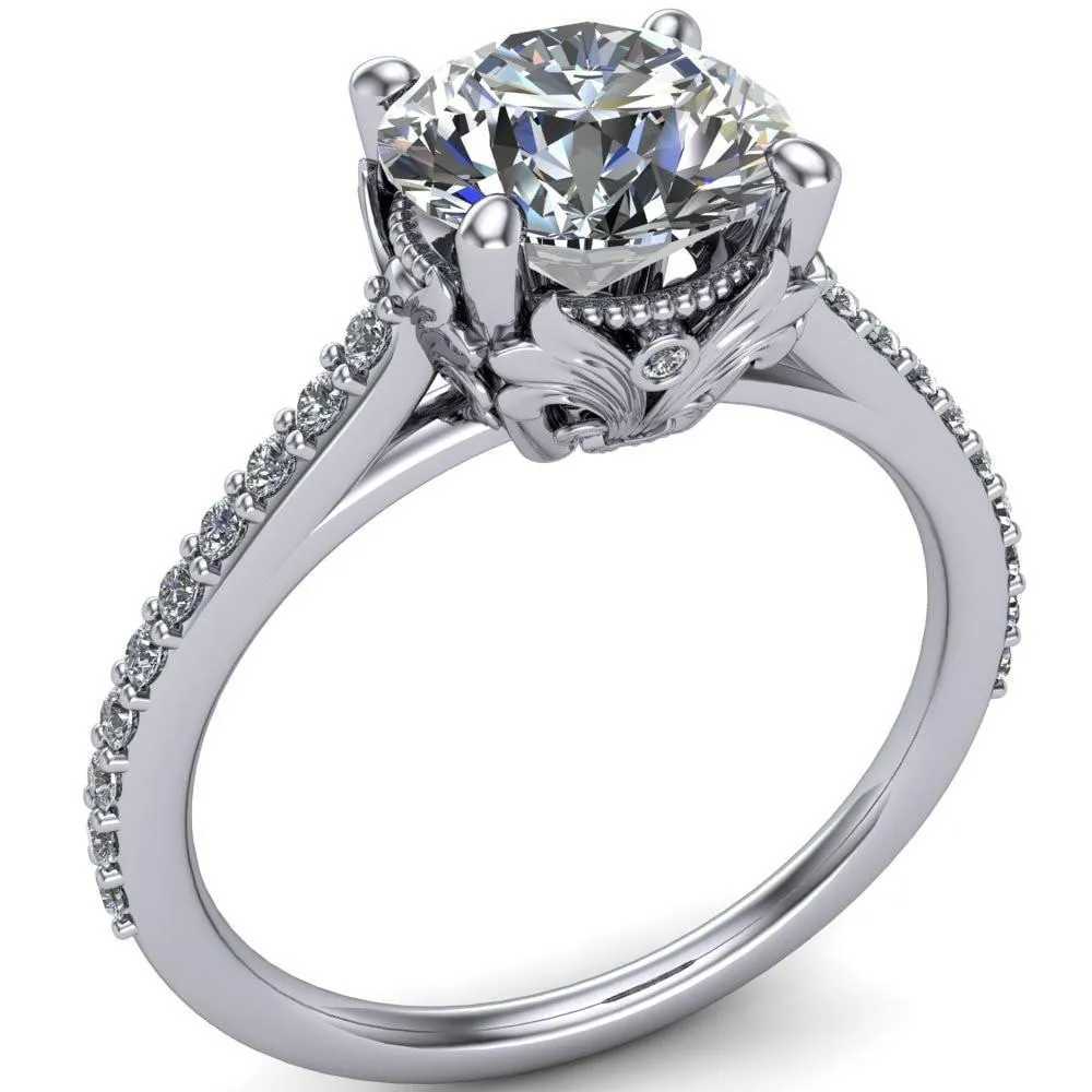 Amos Round Center Stone Filigree Basket Design and Diamond Cathedral Setting Ring
