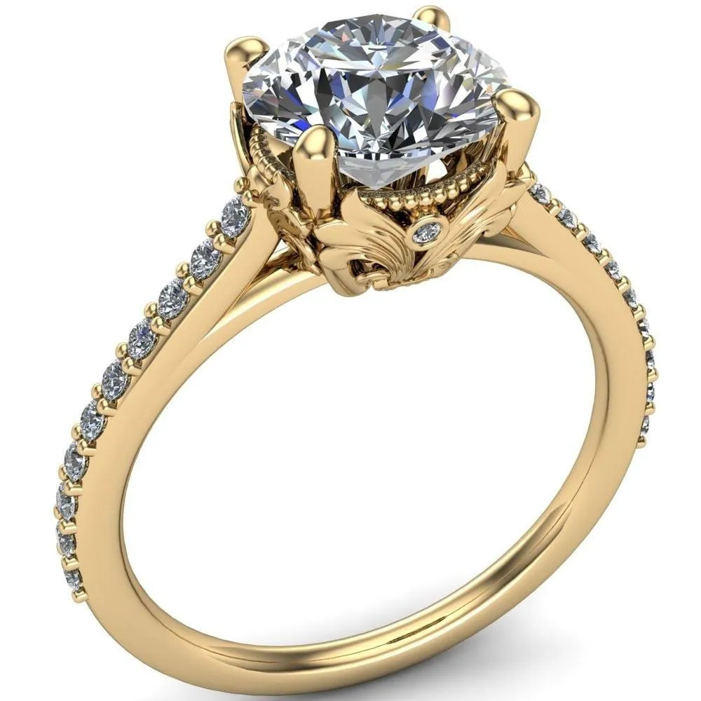 Amos Round Center Stone Filigree Basket Design and Diamond Cathedral Setting Ring
