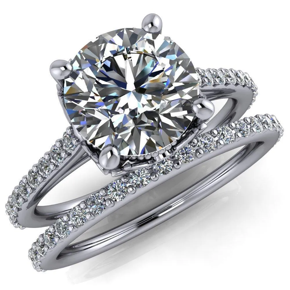 Amos Round Center Stone Filigree Basket Design and Diamond Cathedral Setting Ring