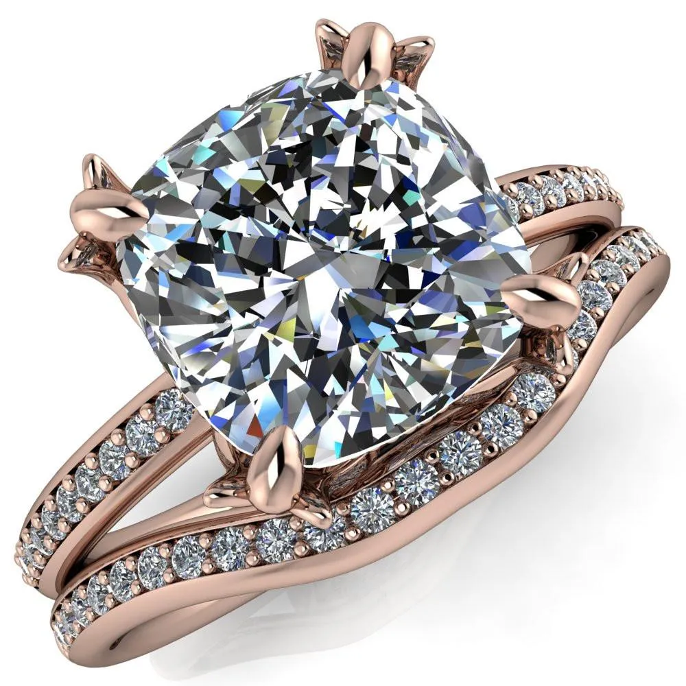 Angelica Cushion Center Stone Angel Wings and Diamond Band Ring