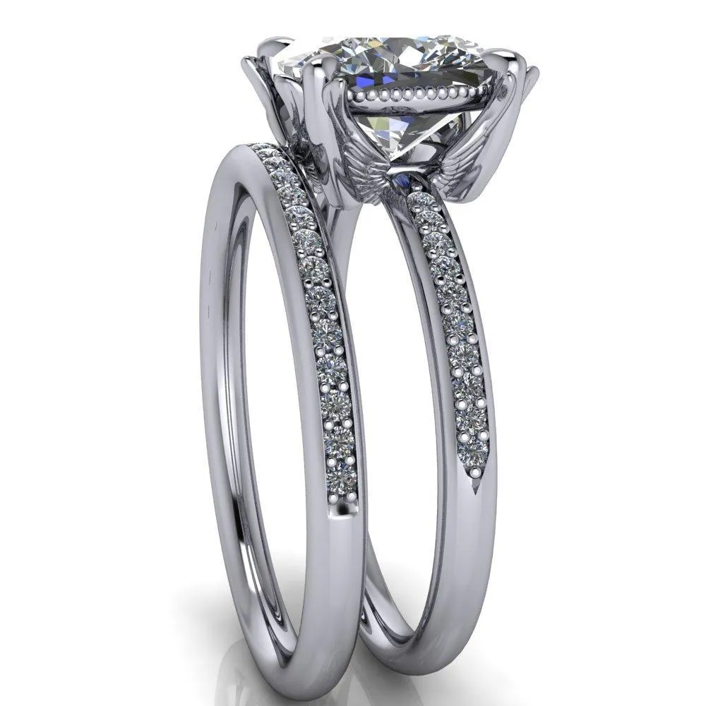 Angelica Cushion Center Stone Angel Wings and Diamond Band Ring