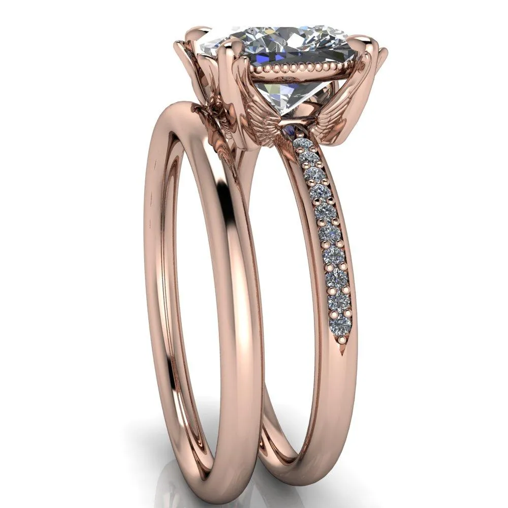 Angelica Cushion Center Stone Angel Wings and Diamond Band Ring