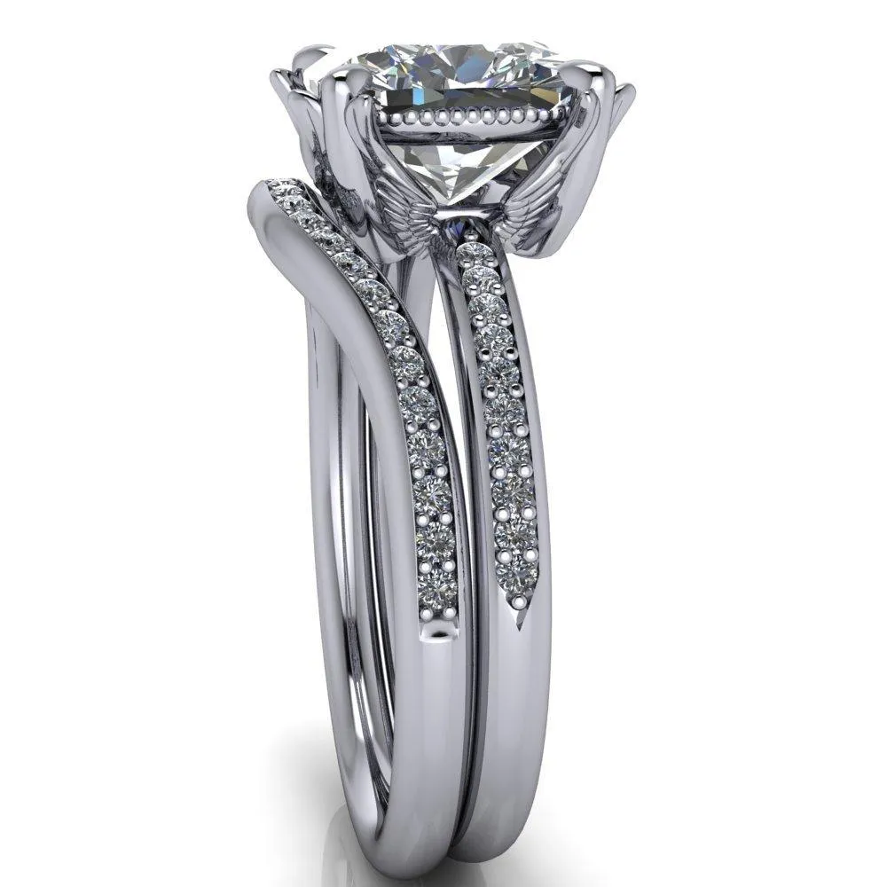 Angelica Cushion Center Stone Angel Wings and Diamond Band Ring