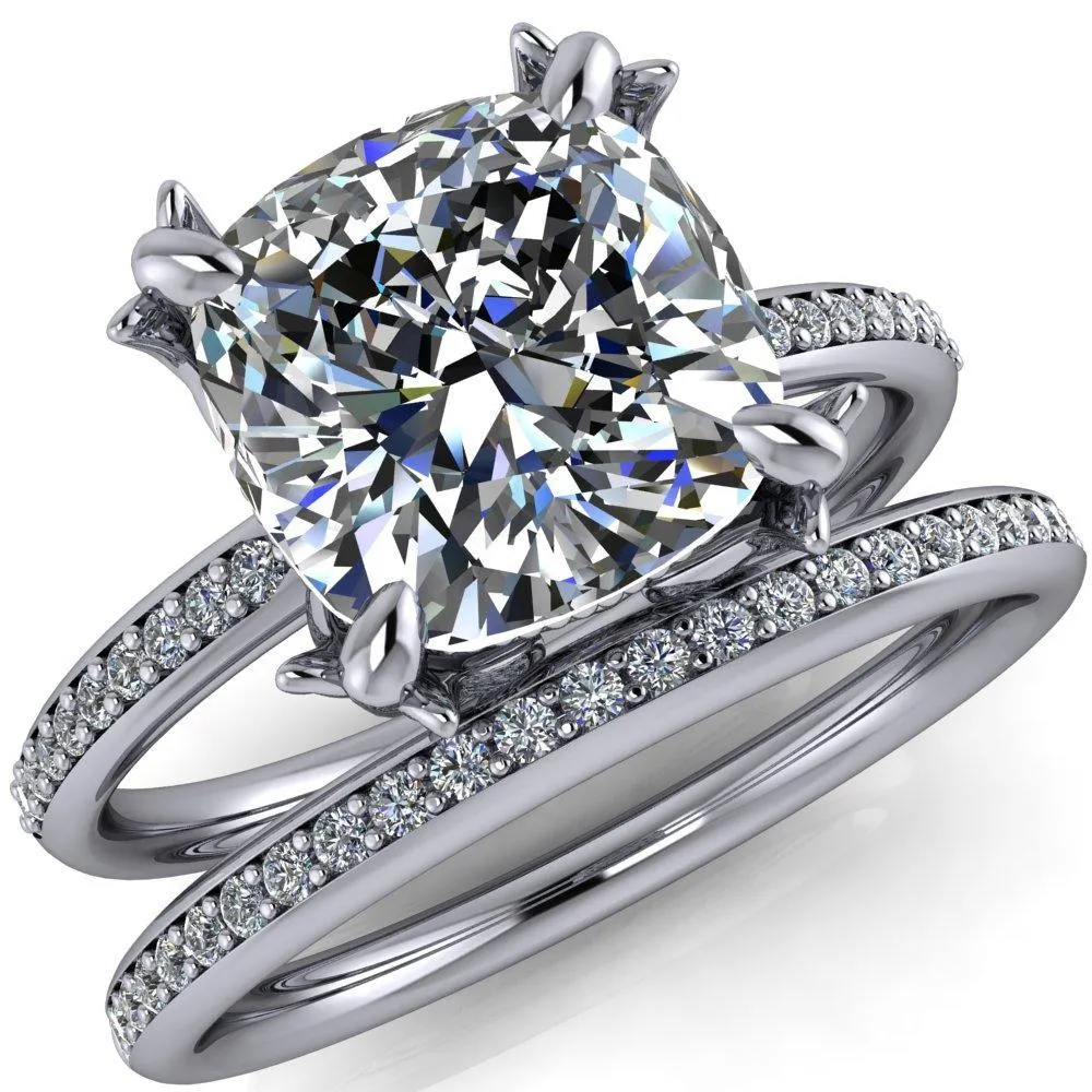 Angelica Cushion Center Stone Angel Wings and Diamond Band Ring