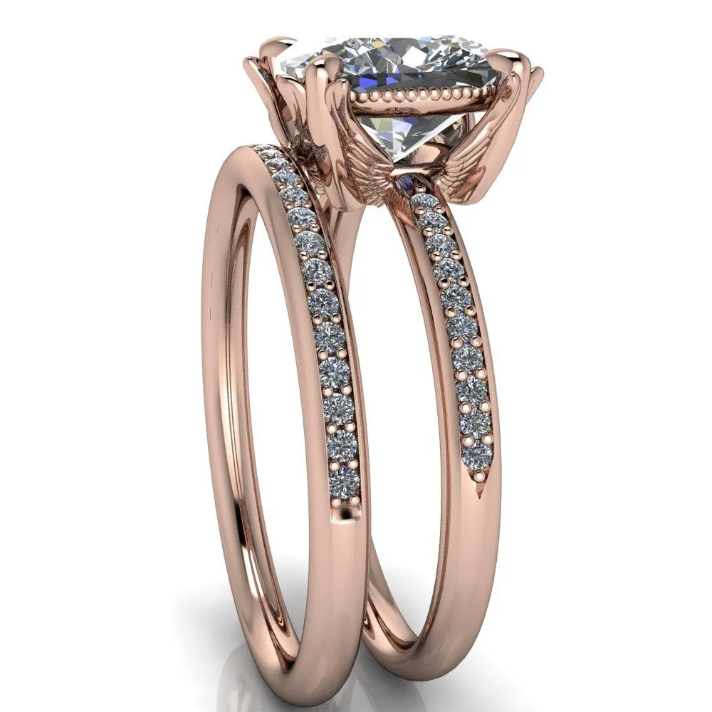 Angelica Cushion Center Stone Angel Wings and Diamond Band Ring