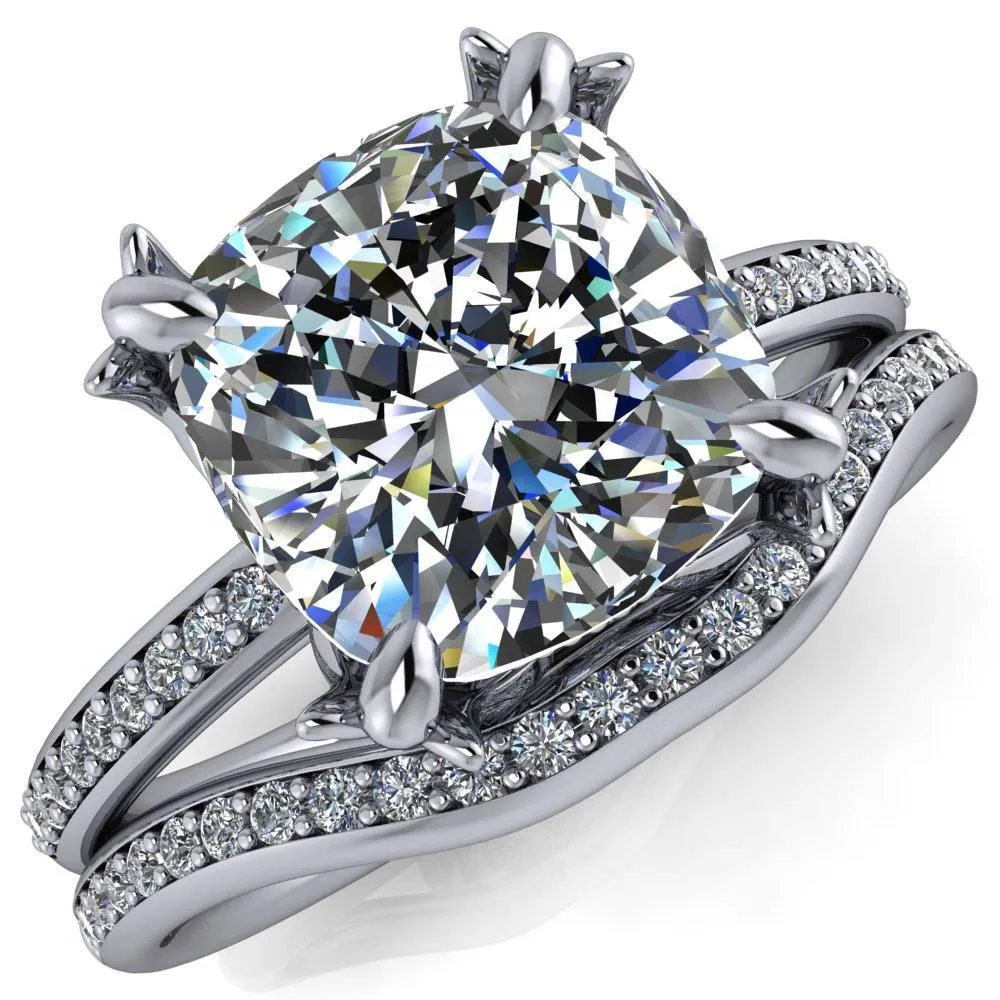 Angelica Cushion Center Stone Angel Wings and Diamond Band Ring