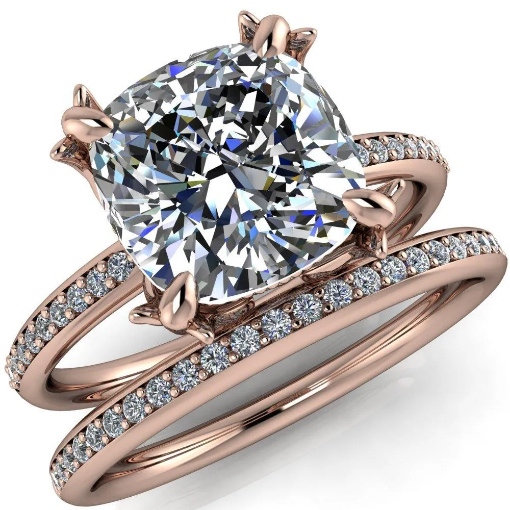 Angelica Cushion Center Stone Angel Wings and Diamond Band Ring