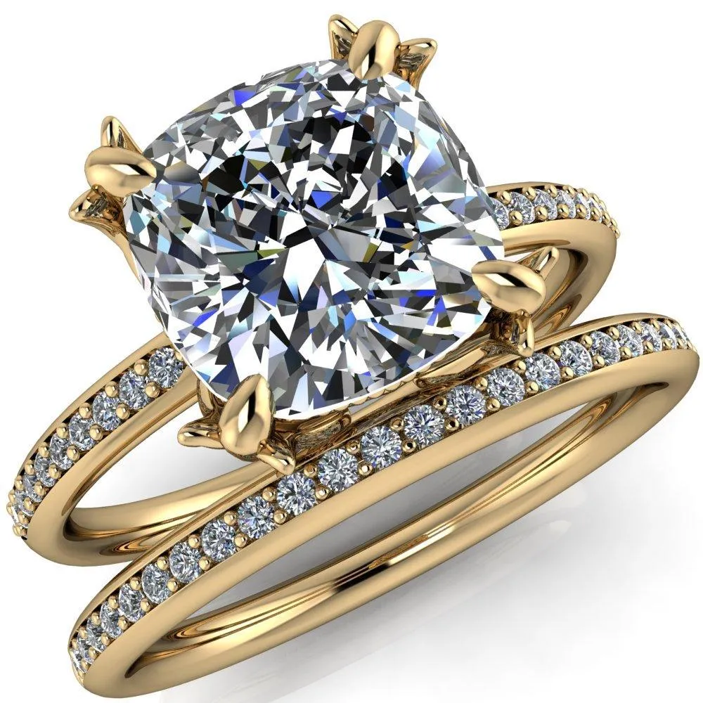 Angelica Cushion Center Stone Angel Wings and Diamond Band Ring