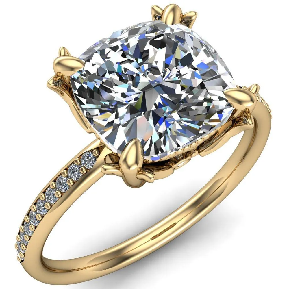 Angelica Cushion Center Stone Angel Wings and Diamond Band Ring